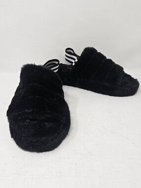 Wild Diva Black Fuzzy Faux Fur Slingback Slide Slippers Platform Shoes Size 6